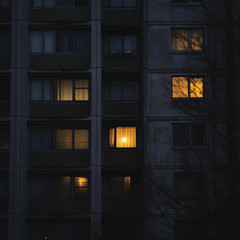 Solitary high-rise apartment window illuminated amid the night