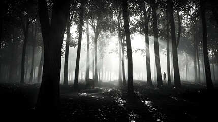 Monochrome Forest Scene With Strong Light Rays Shining Through Trees in Shady Woodland