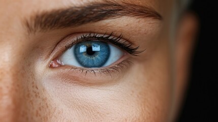 Fototapeta premium Close-up of a woman's eye with intense blue color. Natural beauty and healthy skin with subtle freckles are highlighted