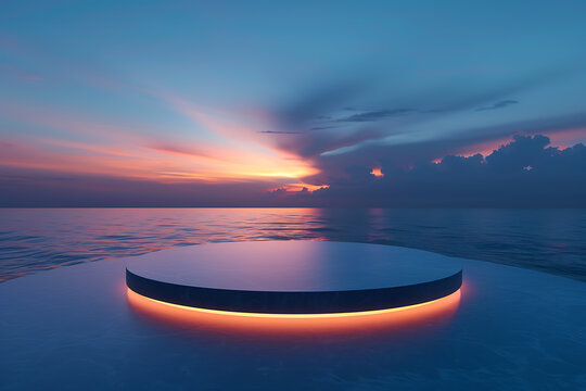circular illuminated display, a symmetrical, centered circular surface with an illuminated edge against a sunset backdrop emphasizes simplicity and elegance in product advertising
