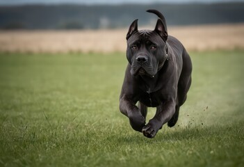 cane corso dog running on green grass of a natural field, black doggy playing in the park, big doggy runs outdoors, animal in the meadown