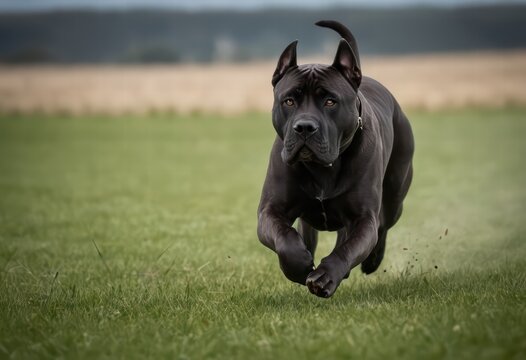cane corso dog running on green grass of a natural field, black doggy playing in the park, big doggy runs outdoors, animal in the meadown