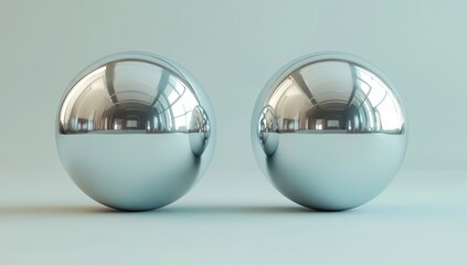 A gray background serves as the setting for a 3D rendering of shiny metallic balls