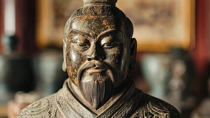 Intricate details of an ancient statue reflecting craftsmanship in a museum gallery