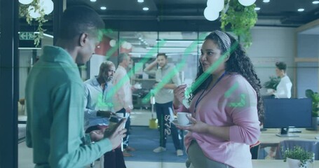 Discussing digital data, diverse colleagues in office with animation overlay - Powered by Adobe