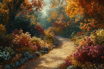 Winding path through vibrant autumn forest.