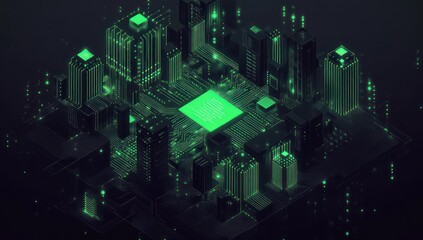 Futuristic city built on a circuit board; data streams flow