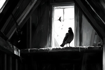 A monochrome illustration of a pigeon perched on a window in an attic room
