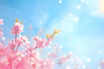 Fototapeta premium Close up of pink cherry blossoms against a bright blue sky with bokeh lights