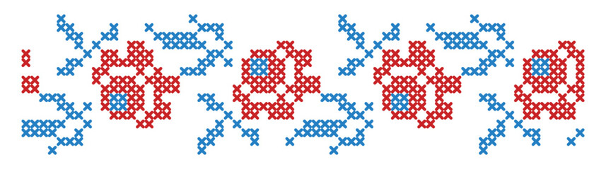 Antique cross-stitch pattern with rose flowers, vintage embroidery design representing folklore