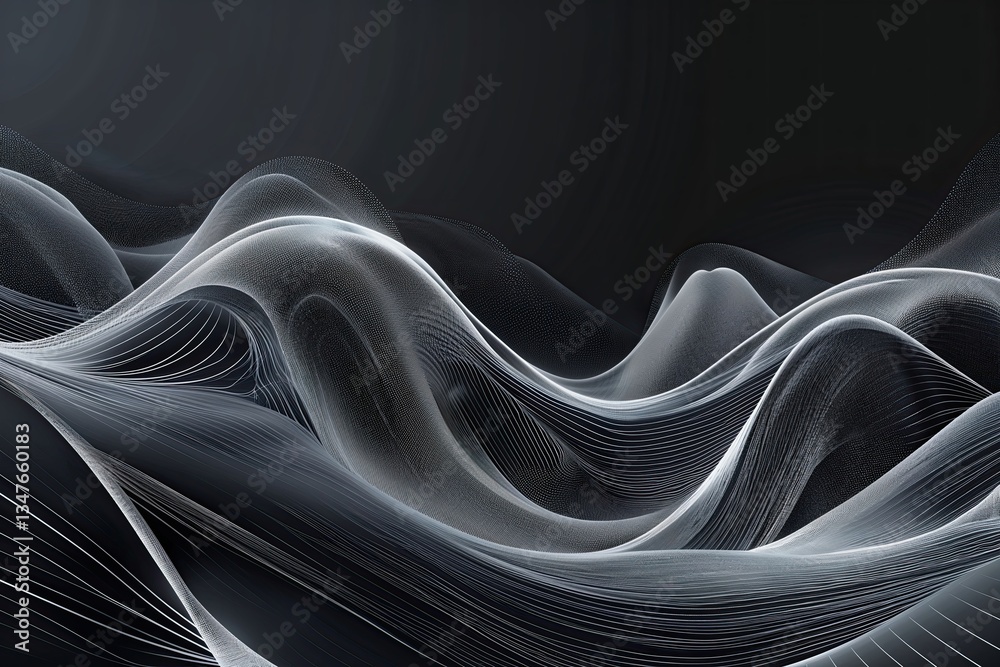 Poster vibrant abstract wave patterns on dark background with silver connection design