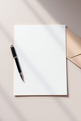Elegant Festive Letterhead Mockup with Luxurious Black Pen and Stylish Envelope in Soft Sunlit Setting for Premium Branding and Invitations