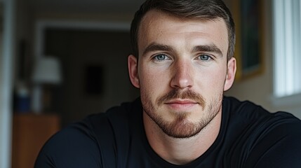 Fototapeta premium A man with a beard and blue eyes. He is wearing a black shirt. He is looking at the camera