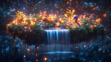 Obraz premium Luminous Plants on a Floating Island Waterfall