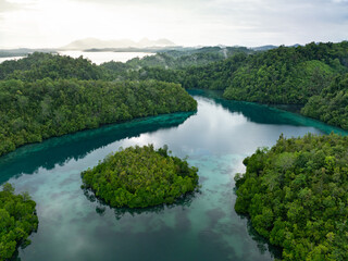 Calm, clear water bathes the beautiful island of Togian in Central Sulawesi, Indonesia. This remote area harbors incredible marine biodiversity and is a popular destination
for divers and snorkelers.