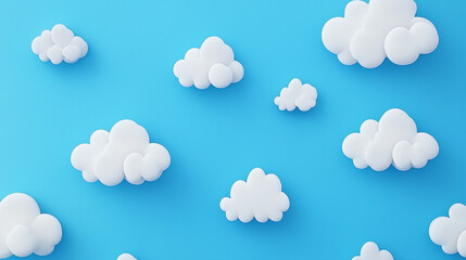 Fototapeta premium A playful collection of cartoon white clouds, each with a unique, whimsical shape, drifted across a serene blue background, designed as a charming vector decoration element.