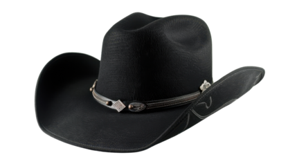 Classic black cowboy hat with silver decorations on transparent background