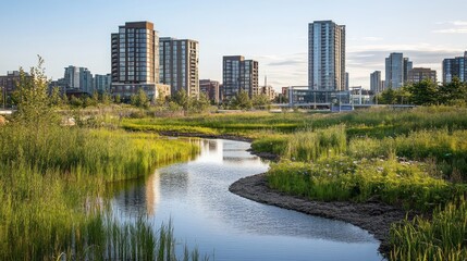 Fototapeta premium Urban Oasis: Modern City Skyline Meets Serene Wetland