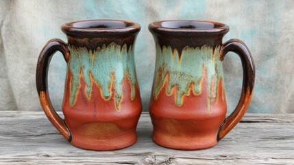 Rustic ceramic mugs, handcrafted, wood background, studio shot, beverage