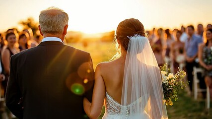 Bride walks down aisle with father at sunset during outdoor wedding ceremony