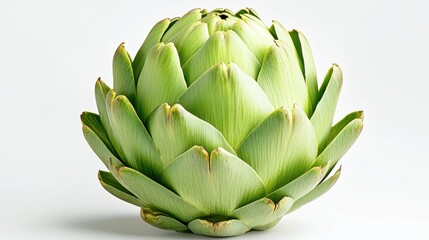 Fototapeta premium Green artichoke displaying intricate textures and vivid coloration, sitting against pristine white backdrop, highlighting botanical details for culinary imagery