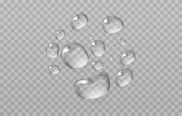 Abstract water droplets on a transparent background, designed in a vector style. Clean and realistic shapes with soft highlights create a sense of freshness and lightness. Perfect for designs related