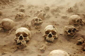 A field of human skulls scattered across a sandy, dusty, desolate landscape