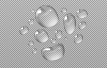 Abstract water droplets on a transparent background, designed in a vector style. Clean and realistic shapes with soft highlights create a sense of freshness and lightness. Perfect for designs related