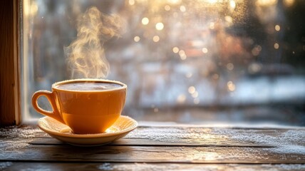 Obraz premium Warm Coffee Steaming Near Snowy Window