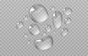 Abstract water droplets on a transparent background, designed in a vector style. Clean and realistic shapes with soft highlights create a sense of freshness and lightness. Perfect for designs related
