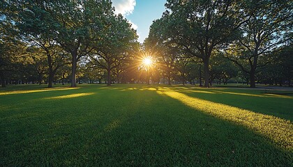 Sunset park sunbeams green grass trees
