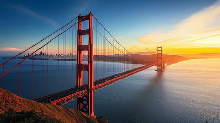 Fototapeta premium A bustling thoroughfare, the Golden Gate Bridge accommodates cars, pedestrians, and cyclists, offering breathtaking views of the bay, the city skyline, and the surrounding landscape. 