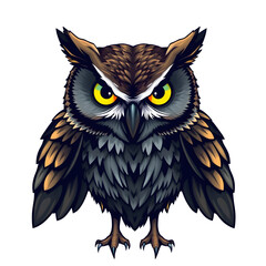 Fototapeta premium A cute cartoon owl, a brown feathered vector illustration of a wise night predator with big eyes