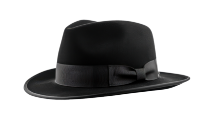 Elegant black fedora hat with ribbon on transparent background