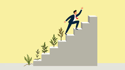 Ascending the Career Ladder: Determined Businessman Climbing Stairs to Success, Growth Stages, Professional Development, Ambition, and Achievement Vector Illustration
