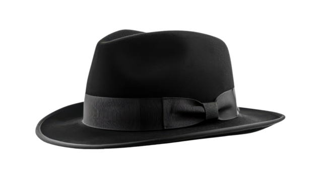 Elegant black fedora hat with ribbon on transparent background