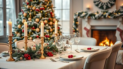 Elegant Christmas Dinner Setting with a Cozy Fireplace, Decorated Tree, and Festive Ornaments, Creating a Warm and Inviting Holiday Atmosphere