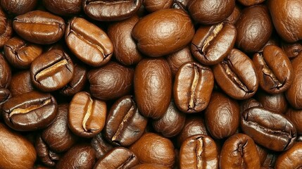 Fototapeta premium A pile of coffee beans with the beans being brown in color. The beans are spread out and are not in a uniform shape