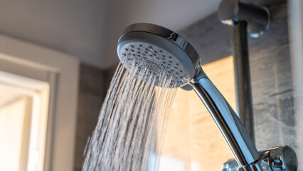 Running water pouring from a chrome showerhead