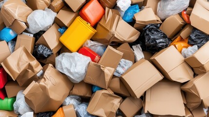 Cardboard boxes, plastic waste littering ground, symbolizing environmental contamination from packaging and careless waste management