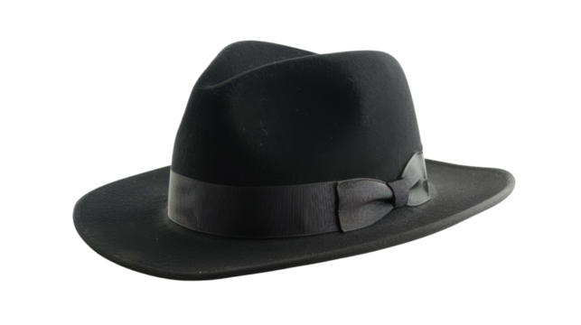 Classic black fedora hat with ribbon and bow on transparent background