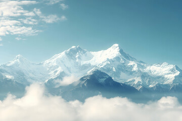 Snowy mountain peaks piercing through a sea of clouds under a blue sky