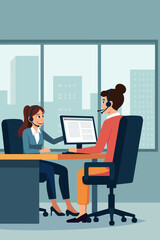 Smiling Call Center Agents Delivering Expert Customer Service at Modern Office, Professional Help Desk Team Working Hard, City View Backdrop, Vector Illustration