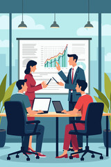 Vibrant Corporate Strategy Meeting: Team Collaboration, Data Analysis & Growth Presentation in a Modern Office Setting - Perfect for Business & Finance Visuals!