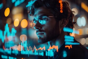 Man with glasses analyzes financial data reflected on surface