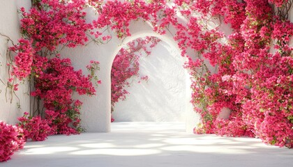 Arched pathway surrounded by blooming pink and red floral plants