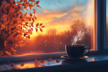 Cup of coffee on windowsill with autumn leaves and a vibrant sunset view