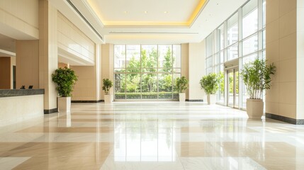 Sunlight pouring through expansive windows, illuminating polished marble flooring and verdant greenery in minimalist hotel reception area, emphasizing modern, airy design