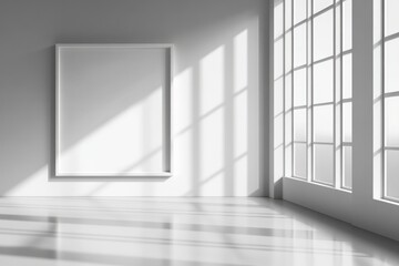 Minimalist white interior with large windows and blank frame