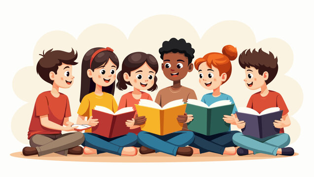 Joyful Diverse Children's Book Club: A Group of Smiling Kids Reading Together, Education Vector Illustration for School, Library, and Childhood Themes